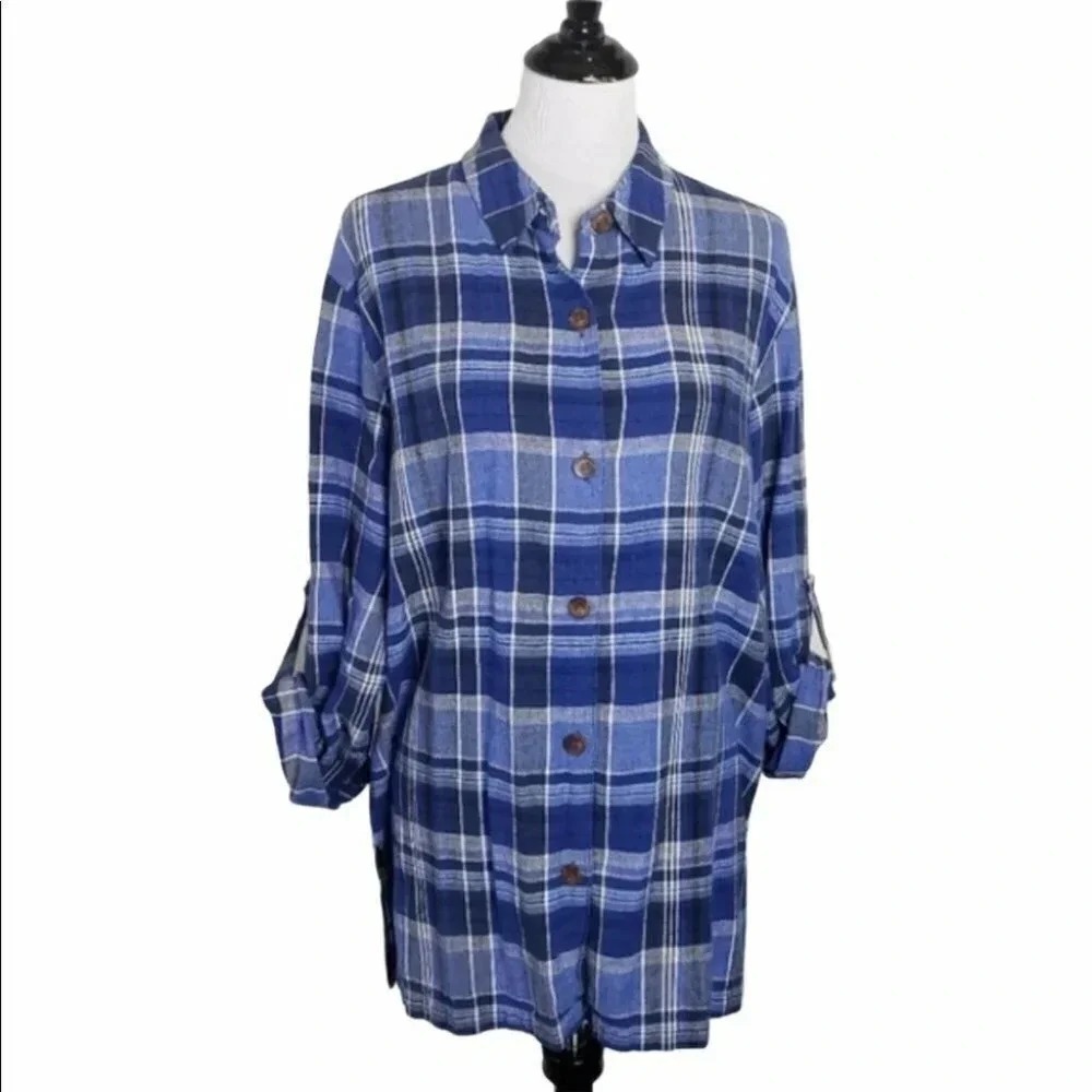 Karen Scott Sport Button Down XL Blue Plaid Linen Rayon‎ Roll Tab Sleeve Tunic